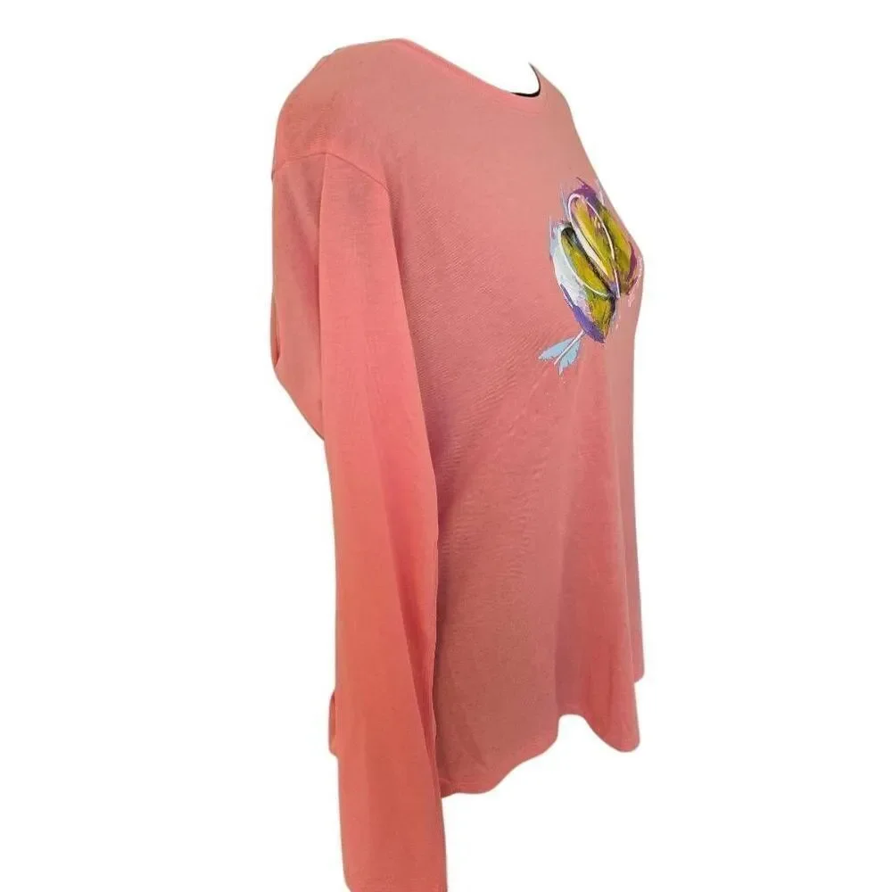 Nike Womens Dri Fit Long Sleeve Peach Tennis Ball Graphic Tee Shirt Large